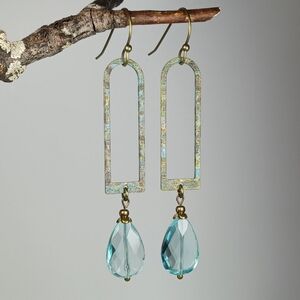 HAND CRAFTED EARRINGS Turquoise Aqua Glass Brass Modern Minimalist Dangle